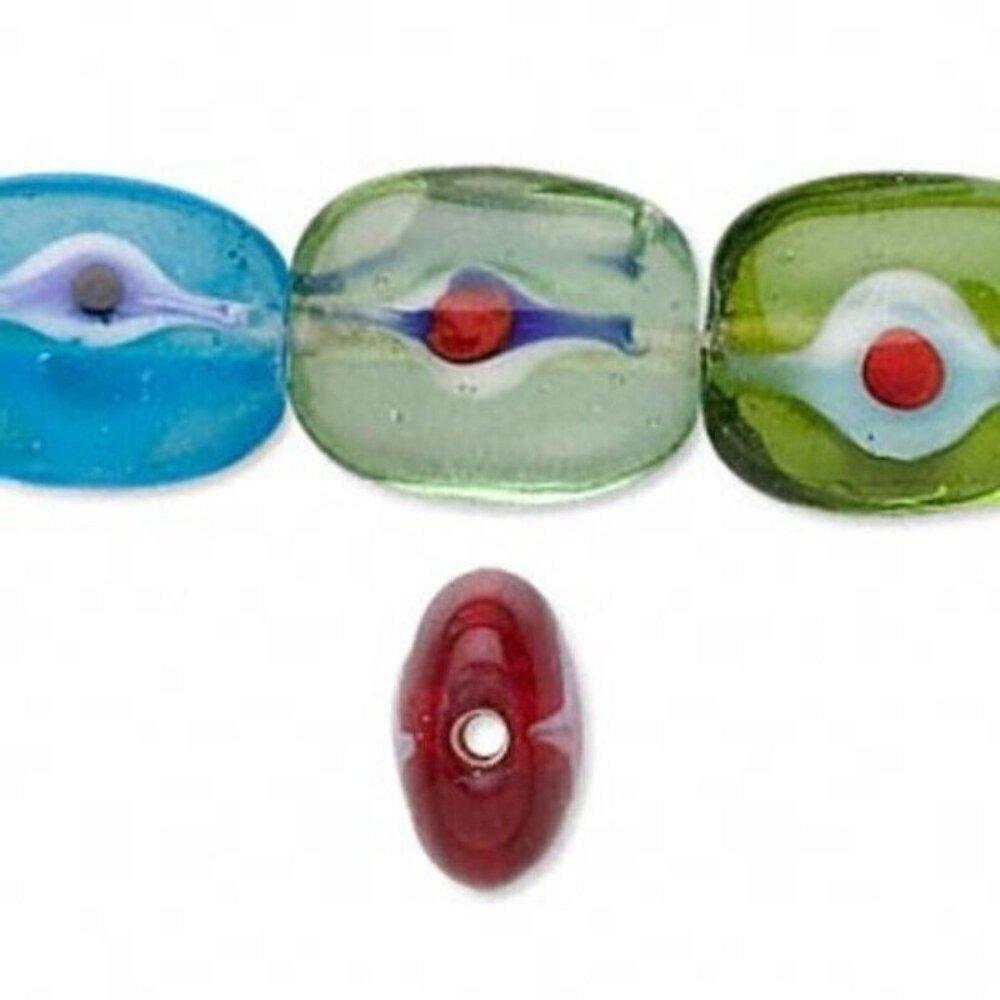 Handcrafted India Lampwork Glass Evil Eye Puffed Rectangle Beads 16" Strand